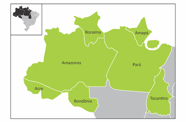 Localização dos estados do Norte no território brasileiro.