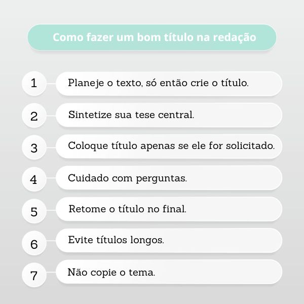 Card com sete dicas de como fazer um bom título de redação.