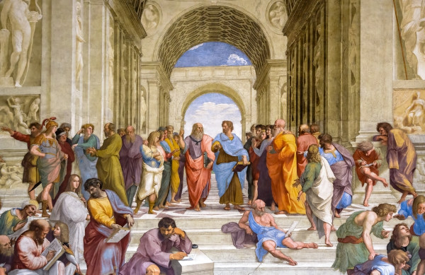“Escola de Atenas”, pintura renascentista de Rafael, no Museu do Vaticano, feita durante a Idade Moderna.