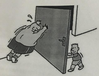 Ilustração de dois indivíduos empurrando uma porta em exercício sobre estática.