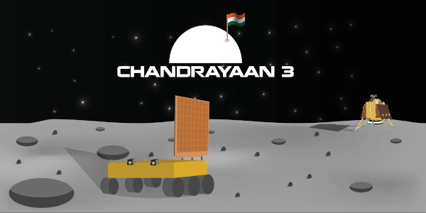 Ilustração representando a Chandrayaan-3, a missão exploratória da Índia cujo pouso no polo sul da Lua ocorreu em 2023.