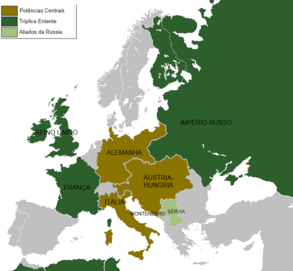 Mapa que retrata os territórios europeus dos países-membros da Tríplice Entente.[1]