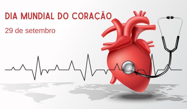 Desenho de coração humano sendo auscultado por estetoscópio; ao lado, o escrito “Dia mundial do coração, 29 de setembro”.