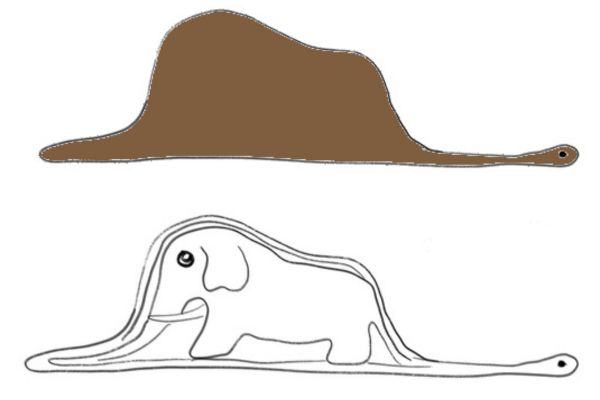 Desenho da jiboia que engoliu um elefante, uma das imagens clássicas do livro “O pequeno príncipe”.