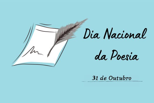 Pena escrevendo em folha branca ao lado do escrito"Dia Nacional da Poesia — 31 de Outubro”.