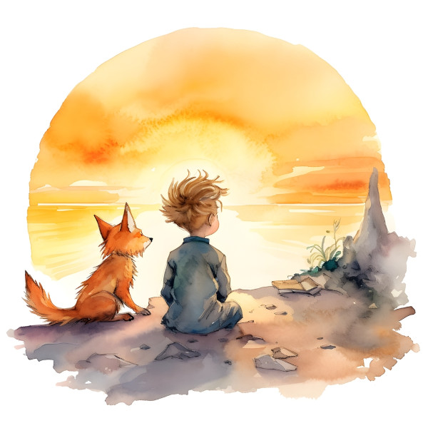 O pequeno príncipe sentado ao lado de sua amiga raposa, ambos admirando o pôr do sol.