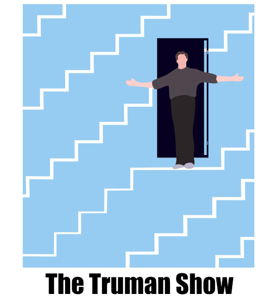 Pôster inspirado no filme “O show de Truman — O show da vida”, o qual é um exemplo de função metalinguística no cinema. [1]
