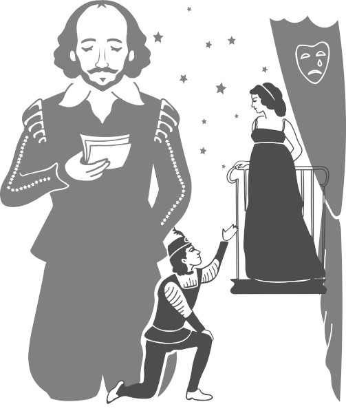 Ilustração de Romeu e Julieta, com William Shakespeare ao fundo.