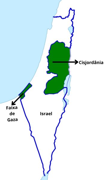 Mapa dos territórios da Palestina e de Israel após a Primeira Guerra Árabe-Israelense, conflito ligado à Questão Palestina.