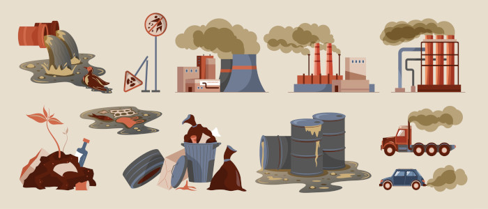 Ilustração mostrando algumas das causas da degradação ambiental, provocadas, principalmente, pelas atividades humanas.