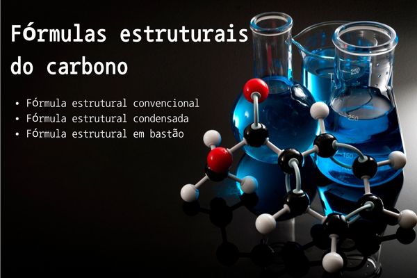 Fórmula estrutural do benzoato de metila, um composto orgânico, ao lado de uma lista com as fórmulas estruturais do carbono.