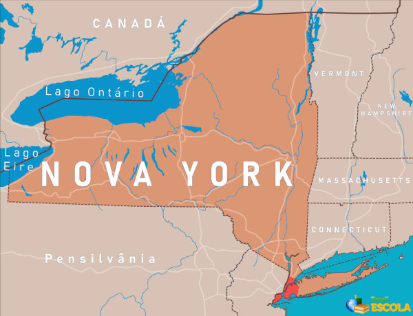 Mapa do estado de Nova York, um dos 50 estados dos Estados Unidos.