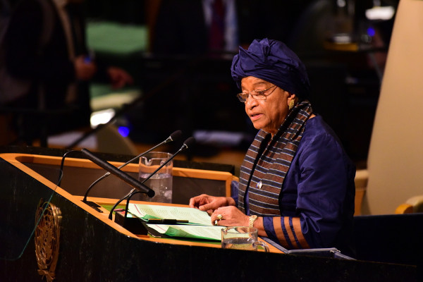Ellen Johnson Sirleaf em discurso na Assembleia Geral da ONU.[6] 