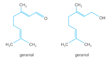  Fórmulas estruturais dos óleos essenciais geranial e geraniol.