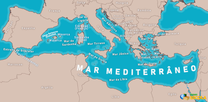 Mapa indicando a localização do mar Mediterrâneo.