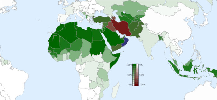Mapa de países com predomínio de sunitas, de xiitas e de ibadis, vertentes islâmicas com diferentes visões sobre o califado.