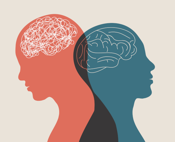 Ilustração de duas pessoas com cérebro emaranhado em referência ao transtorno bipolar.