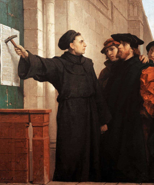Representação de Martinho Lutero colocando suas 95 teses em porta de igreja.