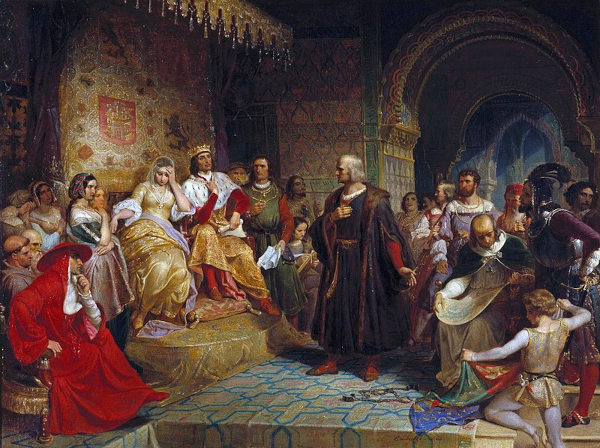 Pintura de Cristóvão Colombo falando com os reis da Espanha, situação que levou à colonização espanhola posteriormente.