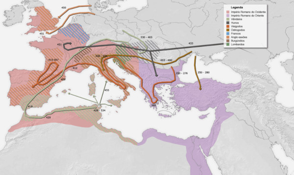 Mapa das migrações bárbaras no fim do Império Romano.