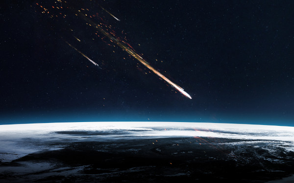 Ilustração de meteoros caindo em direção à Terra, em texto sobre a mesosfera.