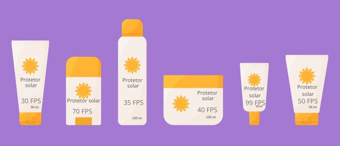 Ilustração mostrando diferentes frascos de produtos com diferentes tipos de fator de proteção solar (FPS).