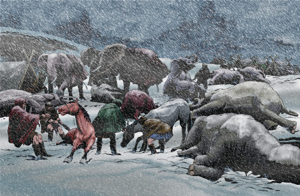 Aníbal, comandante cartaginês, tentando atravessar os Alpes com os seus elefantes durante a Segunda Guerra Púnica.