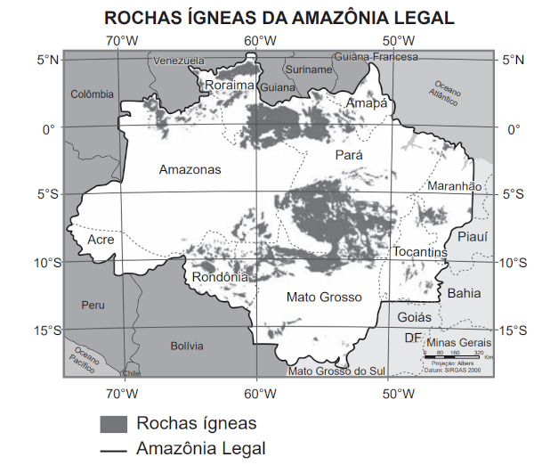 Mapa mostrando as rochas ígneas da Amazônia Legal em uma questão do Enem 2022 sobre Amazônia Legal.