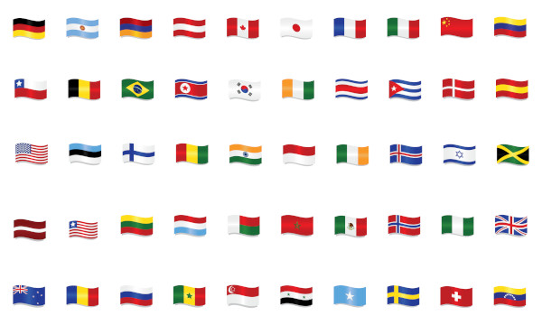 Bandeira de vários países do mundo em alusão aos adjetivos pátrios em língua espanhola (adjetivos gentilicios).