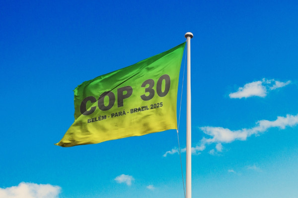 Bandeira indicando que a 30ª Conferência das Partes (COP) será realizada no Brasil, na cidade de Belém, no estado do Pará.