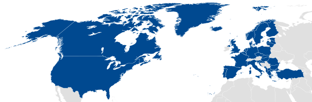 Mapa mostrando os países-membros da Otan – Organização do Tratado do Atlântico Norte.