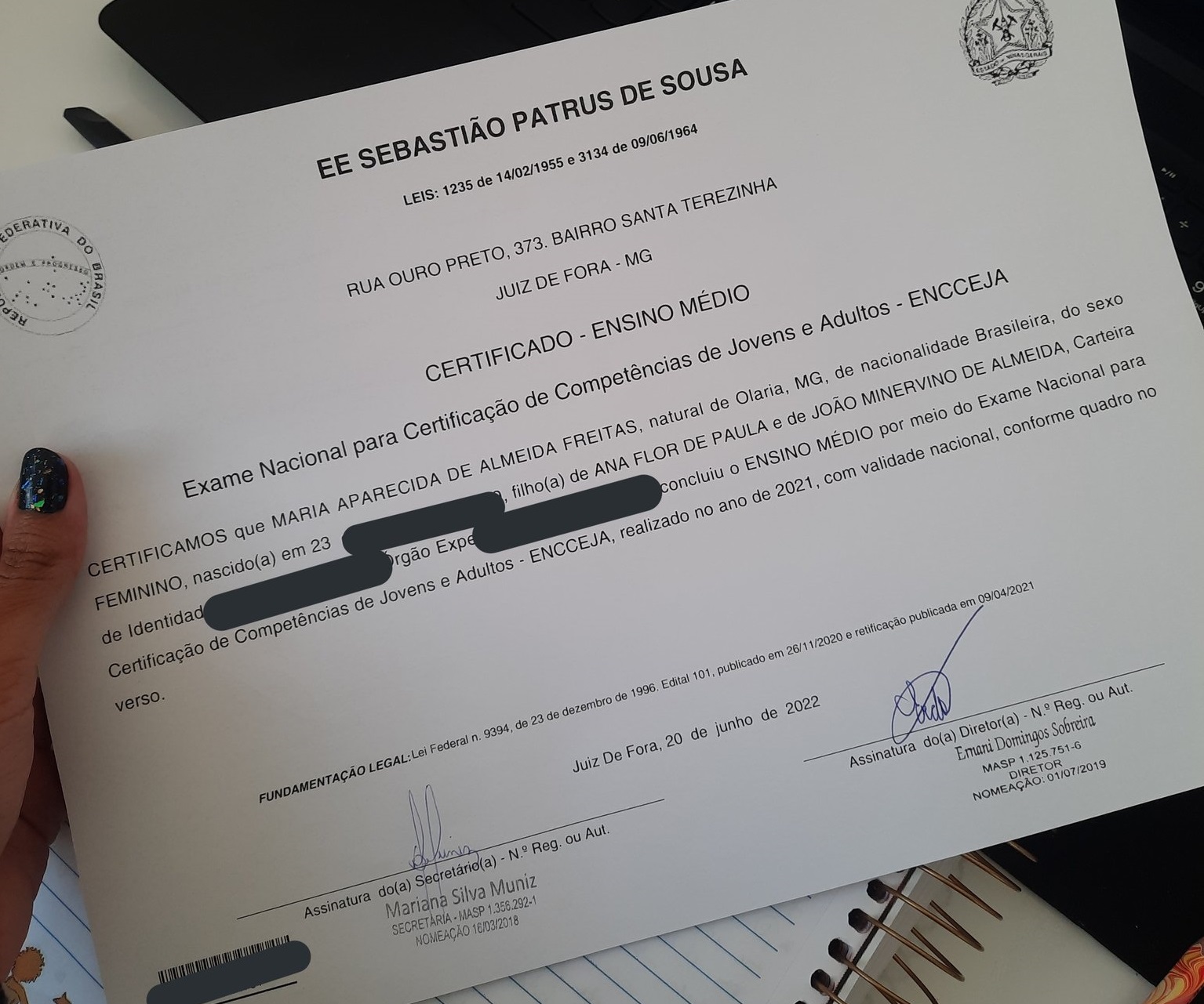 Certificado de conclusão dos estudos pelo Encceja da Maria Aparecida.