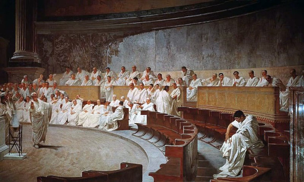 Pintura mostrando o Senado no contexto da República Romana, parte importante da história da república.