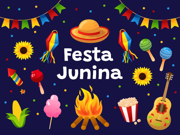 Ilustração com diversos elementos da Festa Junina, uma alusão às curiosidades sobre essa festividade.