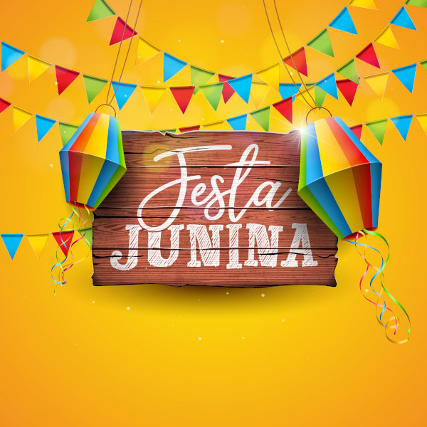 Ilustração de bandeirolas e de balões de decoração próximos de uma placa de madeira com o escrito “Festa Junina”.