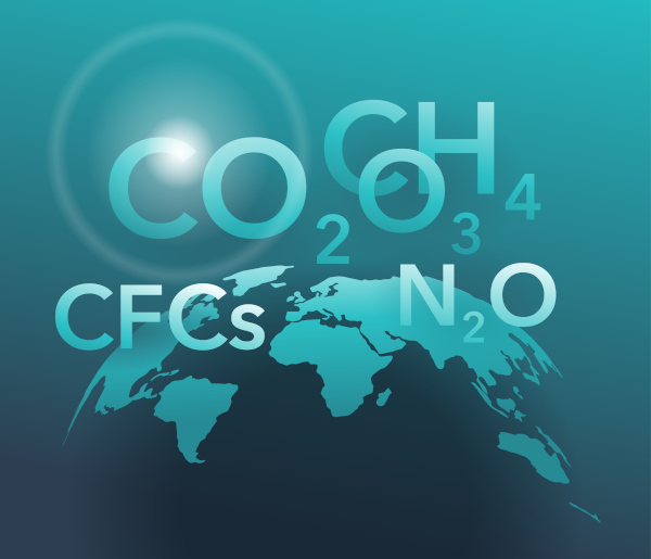 Fórmulas do óxido nitroso e de outros gases de efeito estufa sobre imagem do globo.