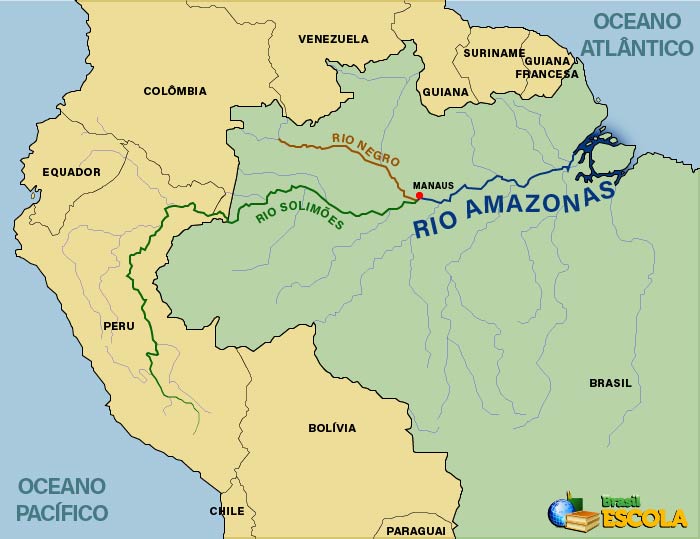 Mapa da localização dos rios Solimões, Negro e Amazonas.