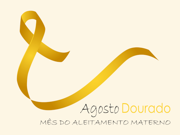 Ilustração com símbolo do Agosto Dourado e com escrito “agosto dourado, mês do aleitamento materno”.