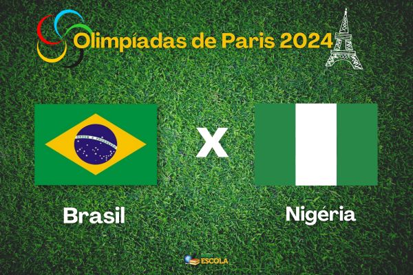 Fundo de campo de futebol, bandeiras do Brasil e Nigéria, texto Olimpíadas de Paris 2024, símbolo da torre Eiffel