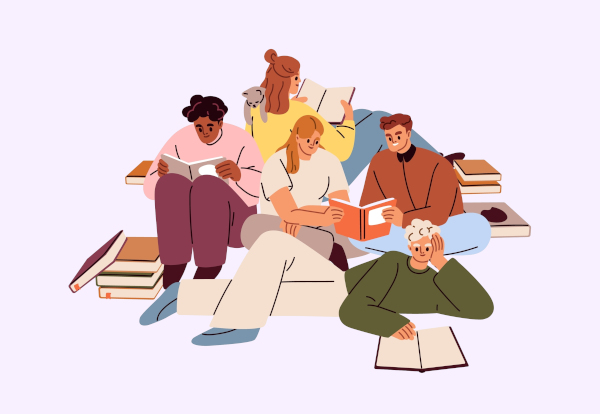 Ilustração de 5 pessoas lendo, uma alusão aos 30 melhores livros para ler.