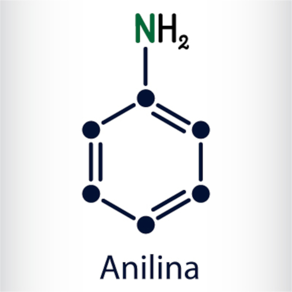 Fórmula da anilina, um exemplo de amina.