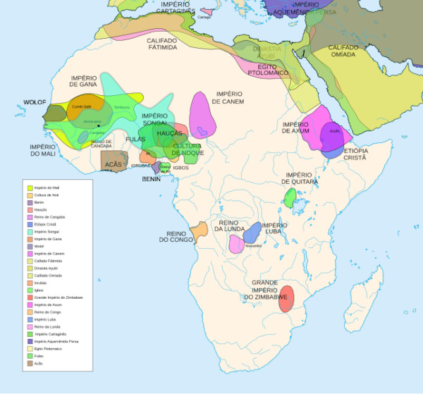 Mapa das civilizações africanas antes da colonização europeia, parte importante da história da África.