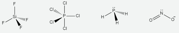 Estruturas químicas em exercícios sobre geometria molecular.