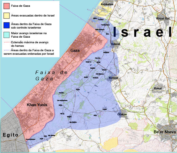 Mapa mostrando a Guerra entre Israel e Hamas.[2]