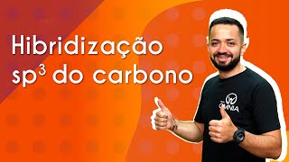 "Hibridização sp³ do carbono" escrito sobre fundo laranja ao lado da imagem do professor