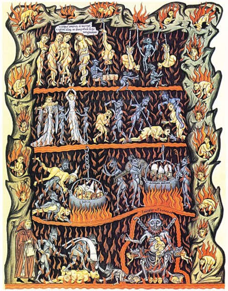 Gravura medieval representado a visão da época sobre o inferno.