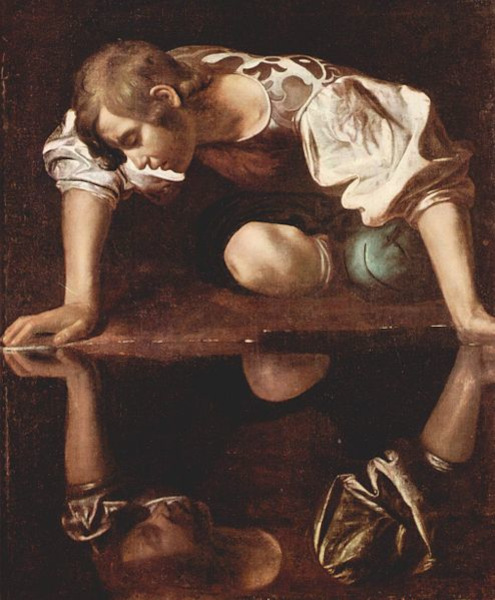 Narciso admirando seu reflexo na água, em pintura de Caravaggio.