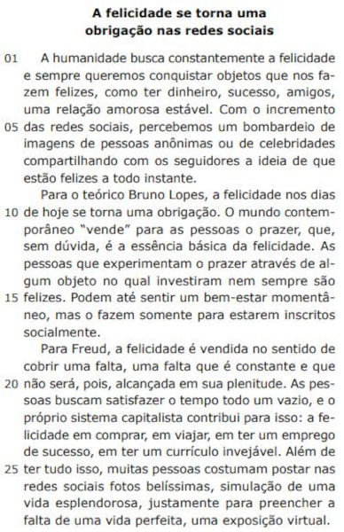 Texto “A felicidade se torna obrigação nas redes sociais” em questão da UFSM sobre regras de pontuação.