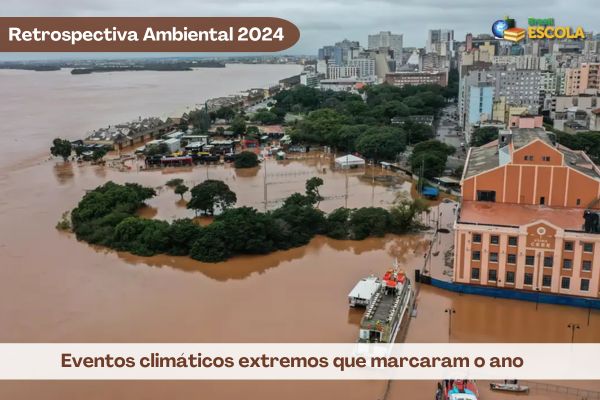 Cidade de Porto Alegre após fortes chuvas em maio de 2024, texto Retrospectiva Ambiental 2024 Eventos climáticos extremos que marcaram o ano