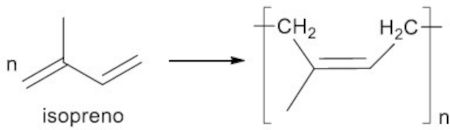 Representação química da borracha natural, formada por polimerização de condensação.